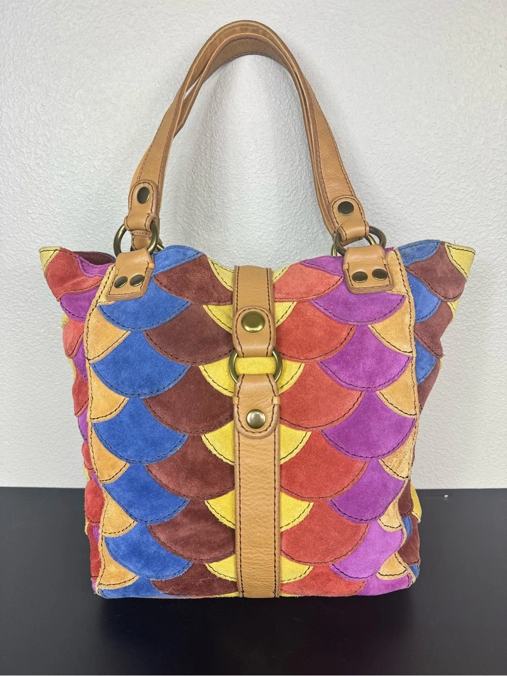 Lucky Brand patchwork colorful leather bag Y2K Boho quilted suede 70s style EUC